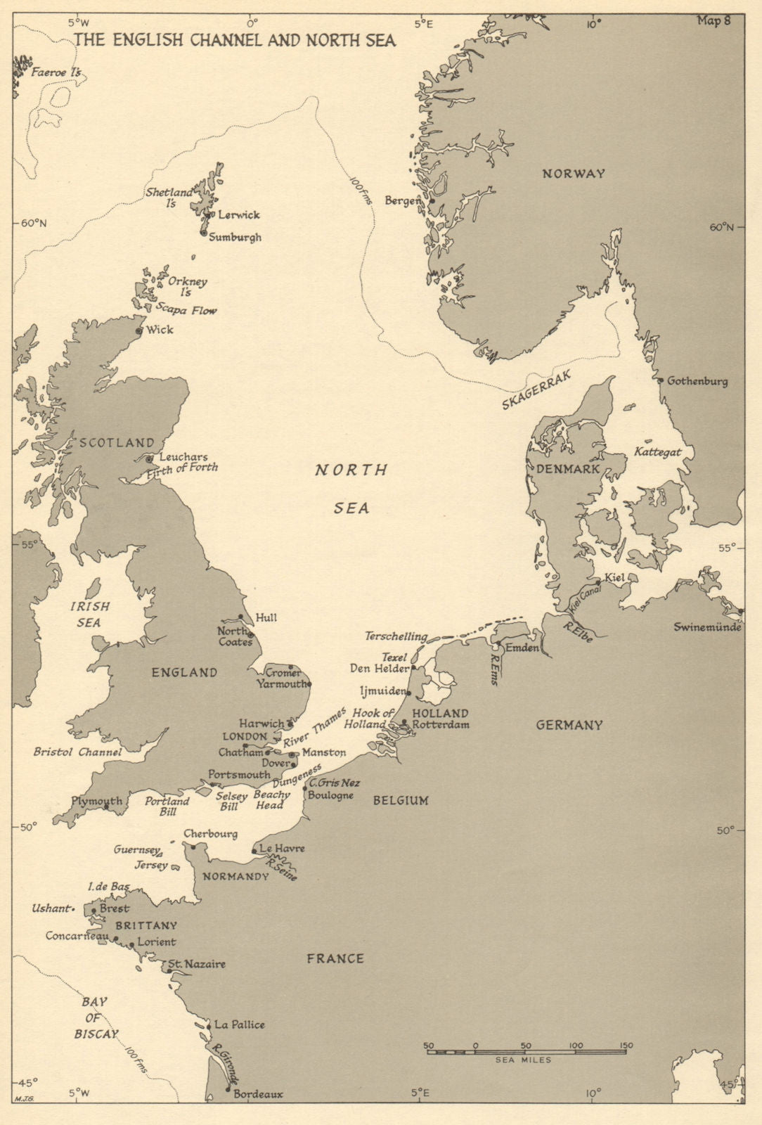 English Channel & North Sea ports. 1943 Battle of the Atlantic 1954 old map